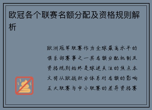 欧冠各个联赛名额分配及资格规则解析