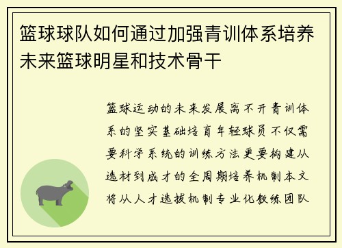篮球球队如何通过加强青训体系培养未来篮球明星和技术骨干